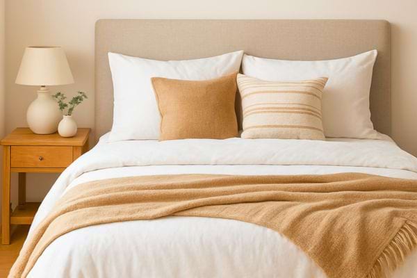 un lit soigneusement fait avec coussins et couverture beige