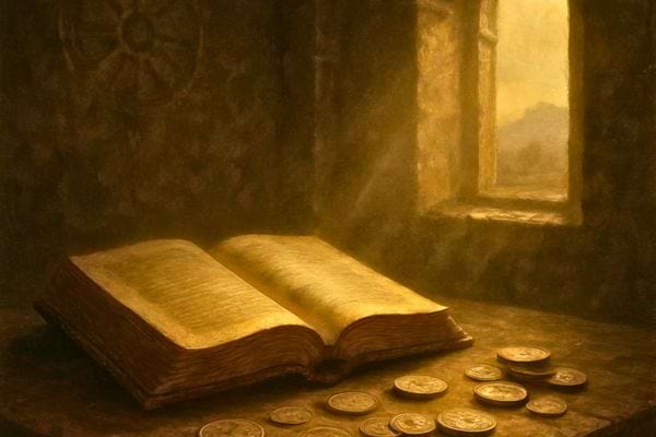 un livre ancien ouvert avec des pieces posees a cote dans une lumiere chaude