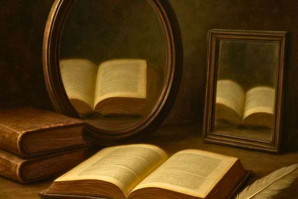des livres ouverts sont poses pres de miroirs qui refletent leurs pages