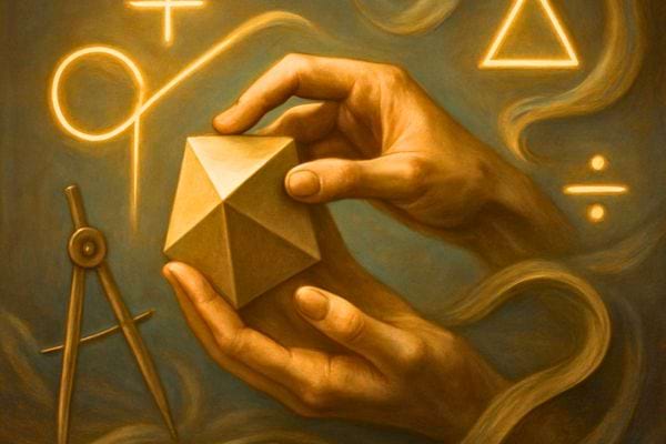 des mains tiennent une forme geometrique avec des symboles mathematiques autour