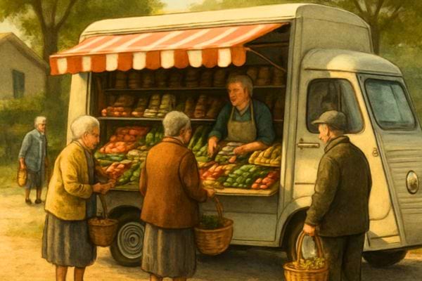 des personnes achetent des fruits et legumes a un camion marche dans un village