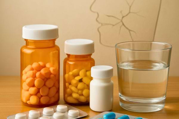 plusieurs flacons de medicaments poses pres dun verre deau