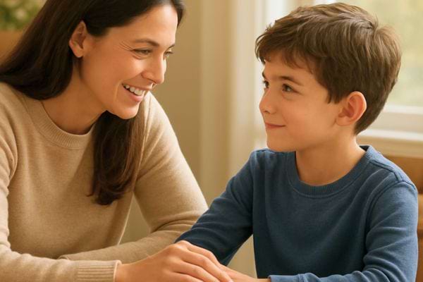 une mere et son fils se regardent en souriant pendant une conversation