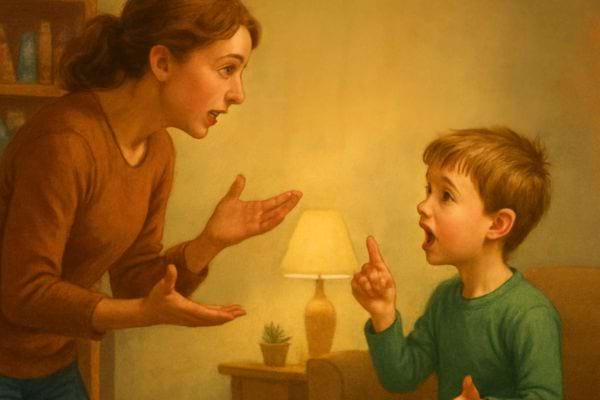 une mere parle fermement a son enfant qui repond avec un geste