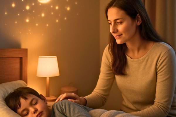 une mere veille doucement sur son enfant qui dort dans un lit