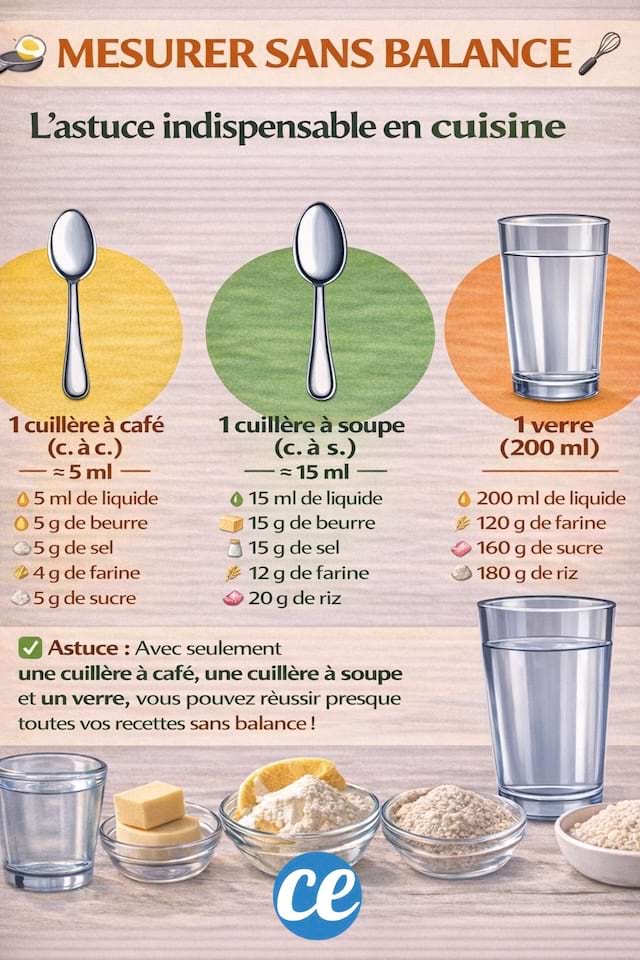 infographie avec les &eacute;quivalences des ingr&eacute;dients pour mesurer sans balance  avec une petite cuill&egrave;re, une cuill&egrave;re &agrave; soupe, un verre