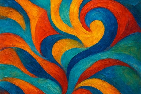 peinture abstraite avec des formes courbes et des couleurs vives entremel&eacute;es