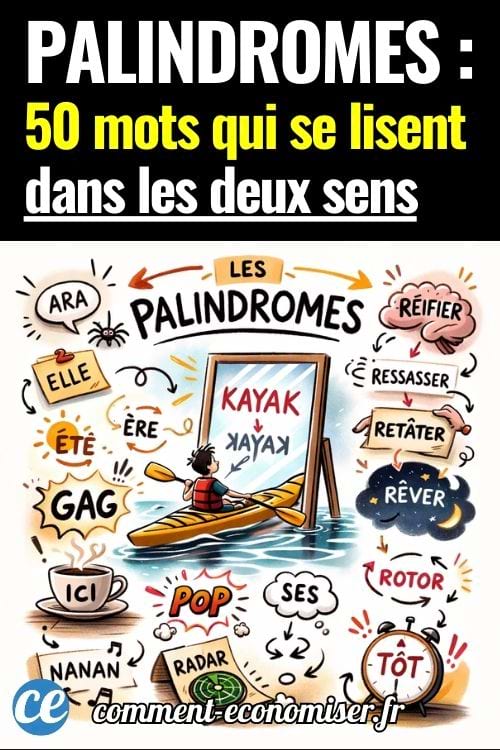 Illustration colorée listant des palindromes comme kayak, radar, rotor et pop autour d’un kayakiste.
