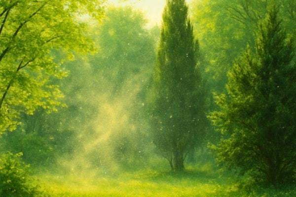 un paysage vert avec pollen visible dans lair en pleine nature