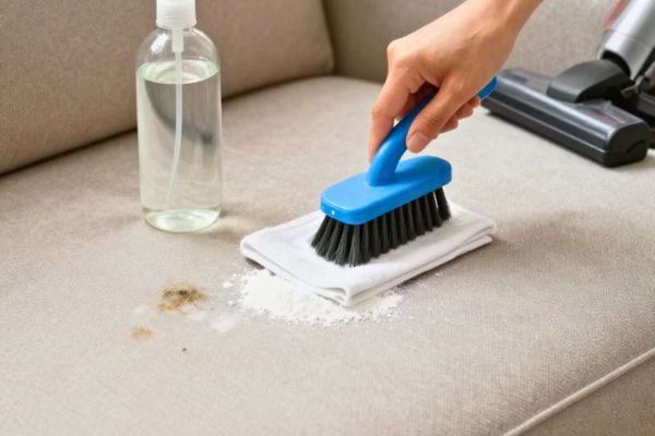 une brosse frotte une tache sur un canape avec du produit nettoyant