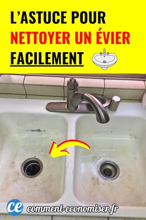 Evier de cuisine sale avec robinet et traces de calcaire pour illustrer une astuce de nettoyage facile.