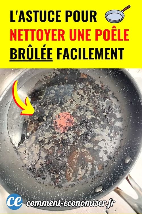 Une poele tres brulee et encrassee montre une astuce pour la nettoyer facilement.
