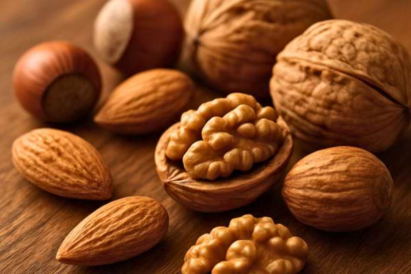 melange de noix amandes et noisettes pose sur une table en bois