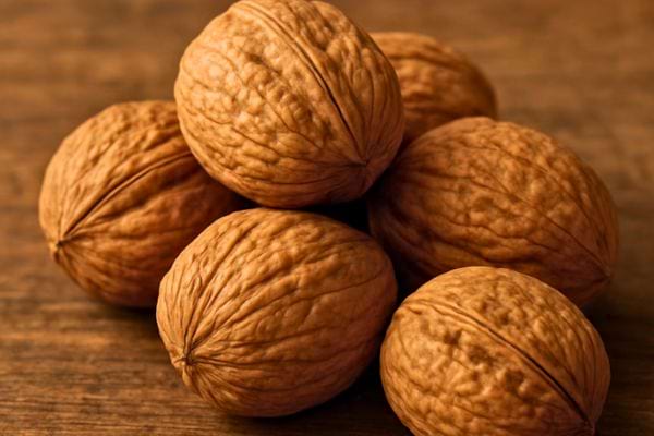 plusieurs noix entieres posees sur une table en bois