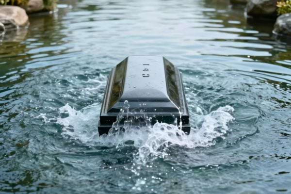 un objet rectangulaire flotte dans leau avec des eclaboussures autour