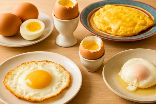 plusieurs types de cuisson doeufs presentes sur differentes assiettes