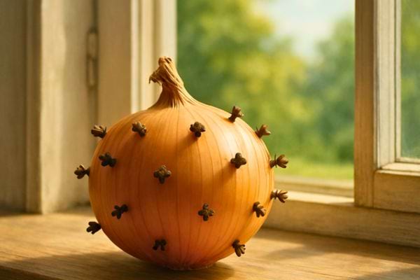 un oignon pique de clous de girofle pose pres dune fenetre lumineuse