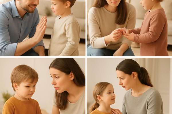 plusieurs scenes montrent des parents discutant calmement avec leurs enfants