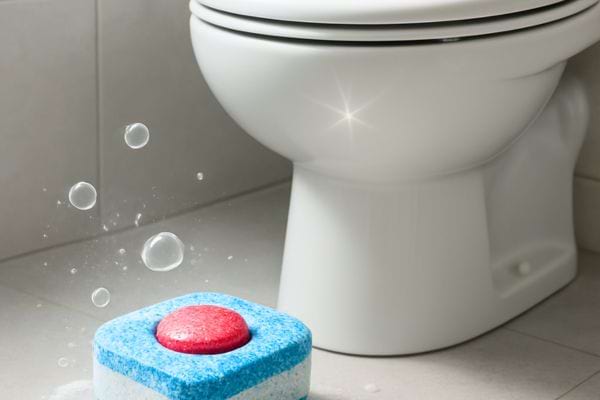 une pastille nettoyante est placee pres des toilettes avec effet propre