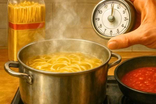 une casserole de pates en cuisson avec un minuteur pour le temps