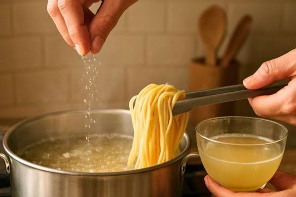 une personne ajoute du sel pendant la cuisson des pates dans une casserole