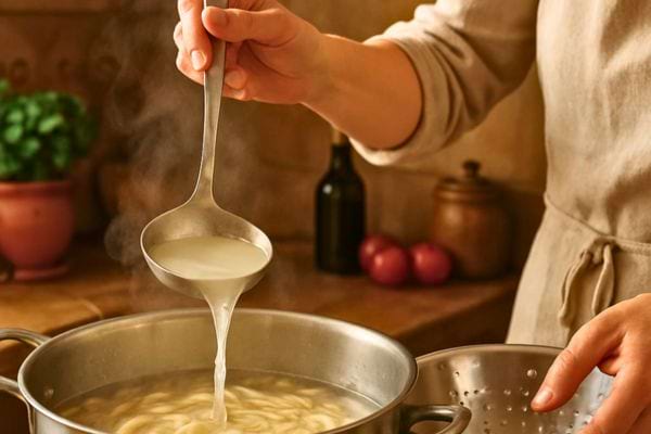 une louche verse de leau de cuisson des pates dans la casserole