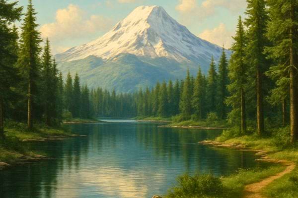 un paysage calme avec montagne enneigee foret et lac