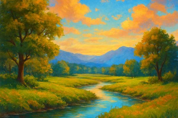 peinture dun paysage naturel avec une riviere des arbres et des montagnes au loin