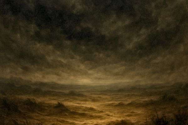un paysage sombre et brumeux avec un ciel nuageux au dessus dun terrain desert