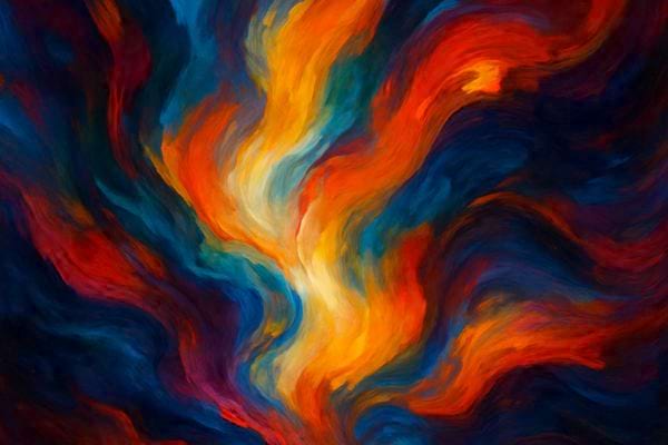 une peinture abstraite avec des tourbillons de couleurs rouge bleu et orange