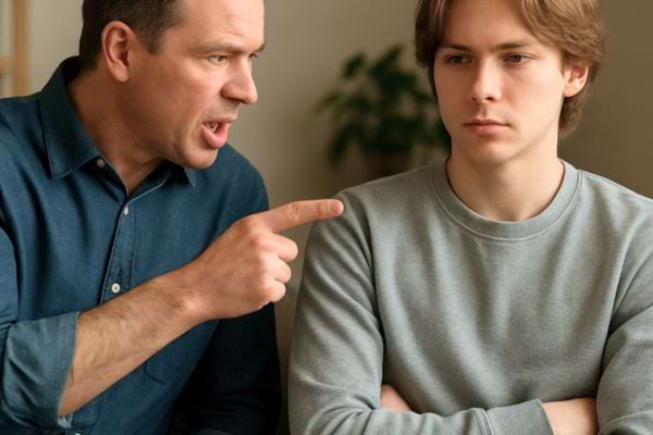 un homme pointe du doigt un jeune homme qui reste bras croises avec un air ferme