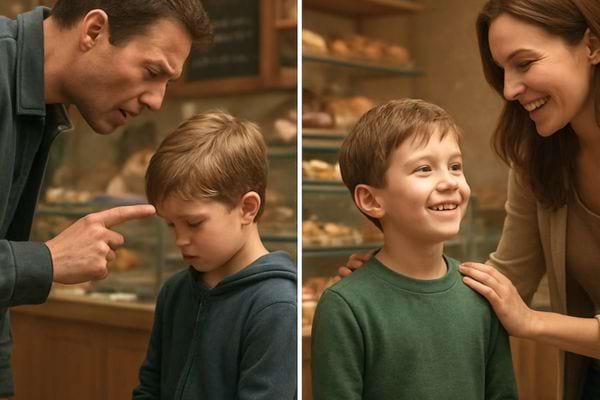 un pere gronde son fils dans une boulangerie puis une mere le reconforte