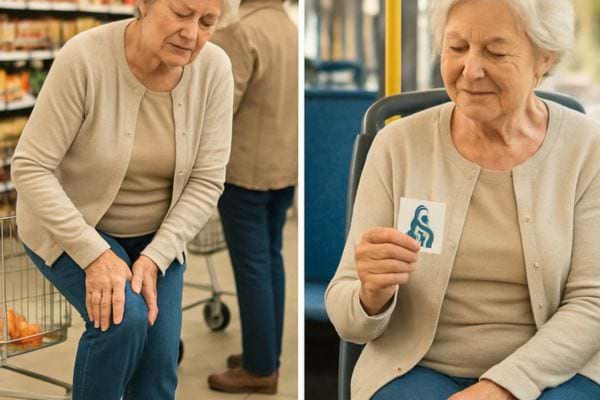 une femme agee a mal au genou puis regarde une carte de handicap