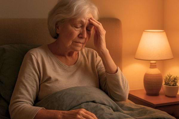 une femme agee assise dans son lit se tient la tete la nuit