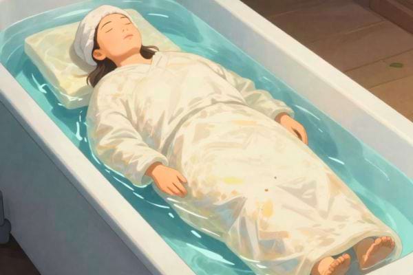 une personne allongee dans une baignoire remplie deau dans un style illustration