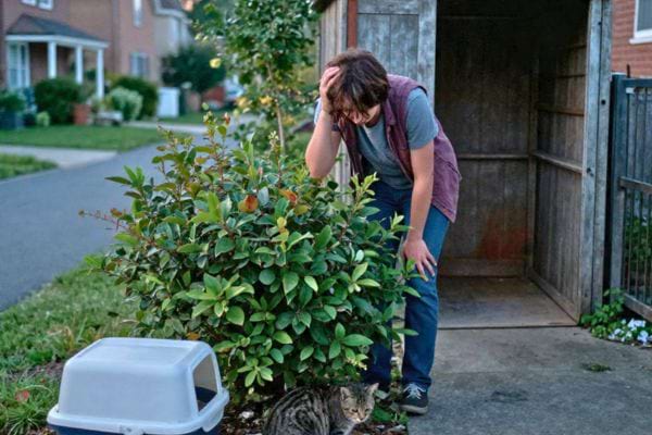 un chat est assis pres dun arbre a chat avec jouets suspendus