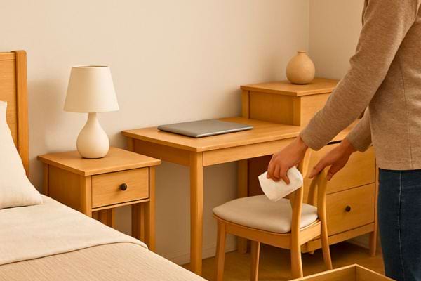 une personne nettoie une chaise dans une chambre bien rangee