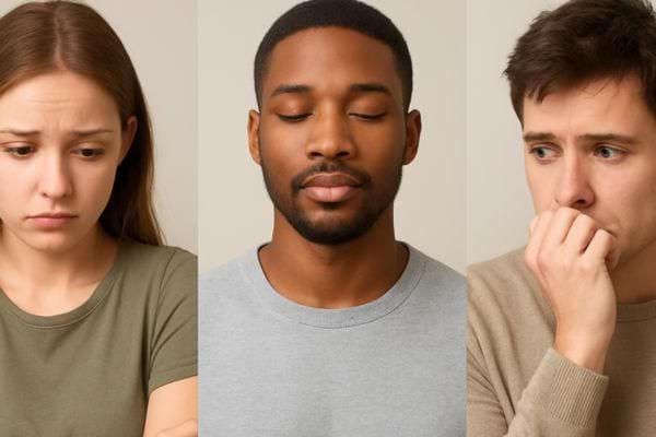 trois personnes montrent des emotions differentes entre stress et calme