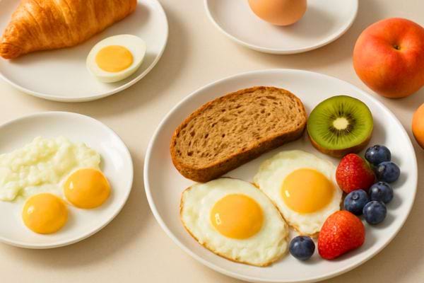 assiette de petit dejeuner avec oeufs pain kiwi fraises et myrtilles