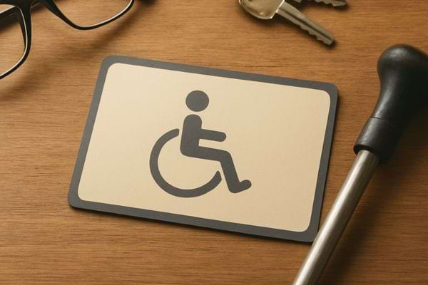 un pictogramme handicap pose sur une table a cote d une canne et de cles