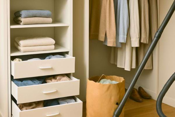 un placard avec vetements plies et un aspirateur pour le menage