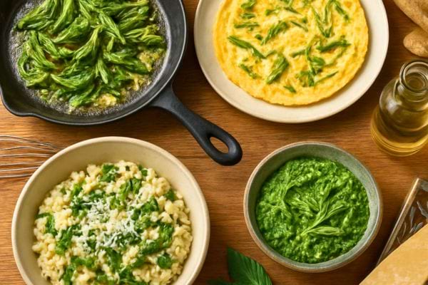 plusieurs plats cuisines avec des herbes vertes et une sauce verte