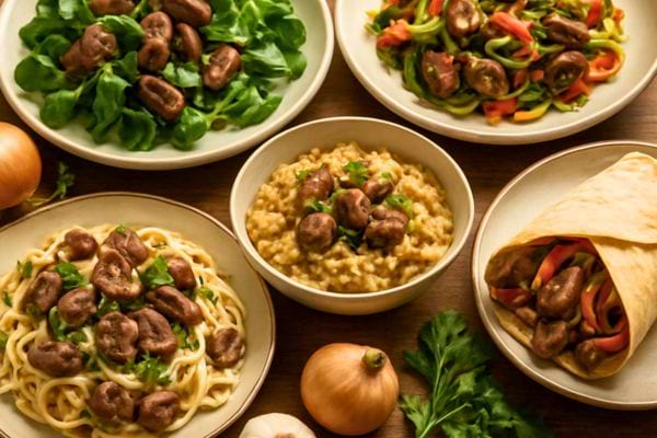 plusieurs assiettes de recettes avec rognons pates wrap et legumes