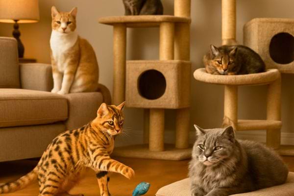 plusieurs chats jouent et se reposent autour d&rsquo;un arbre a chat dans un salon