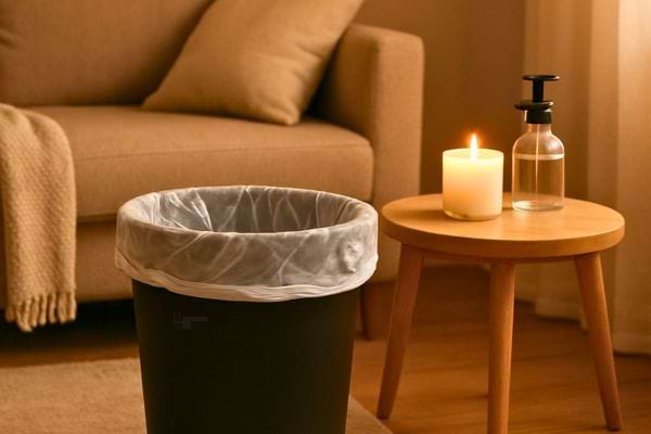une poubelle dans un salon avec une bougie et un flacon sur une table