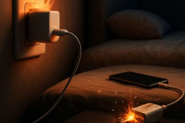 un chargeur branche provoque des etincelles et un debut de feu pres dun lit