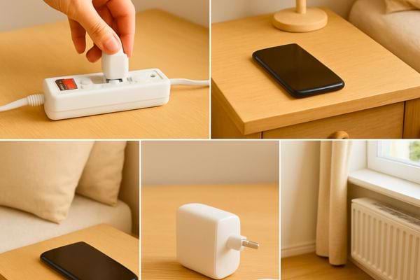 une main branche un chargeur sur une multiprise a cote dun telephone pose