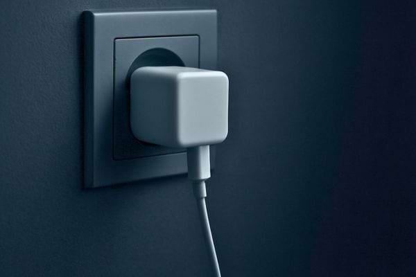 un chargeur est branche dans une prise murale avec un cable relie