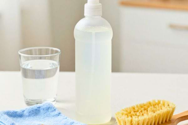 une bouteille de produit avec brosse et chiffon pour nettoyage