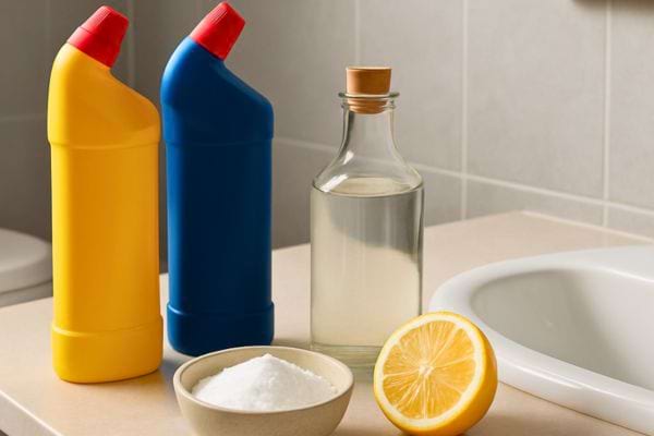 des produits menagers avec citron vinaigre et bicarbonate poses pres dun evier